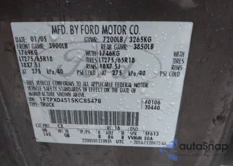 2005 Ford F-150 Fx4/Xlt z USA, uszkodzony, nr VIN 1FTPX04515KC85478
